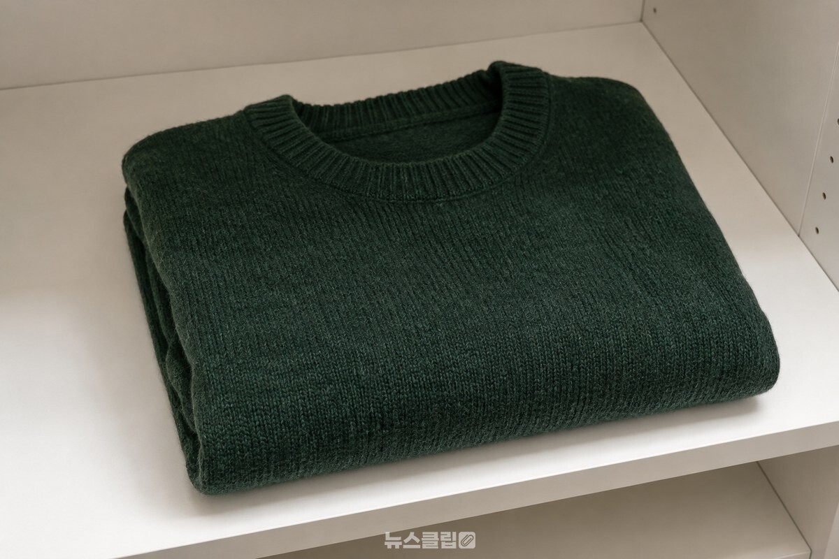 벗은 니트를 접어 깨끗한 선반 위에 평평하게 둔 모습 / 기사 이해를 돕기 위한 생성형 이미지