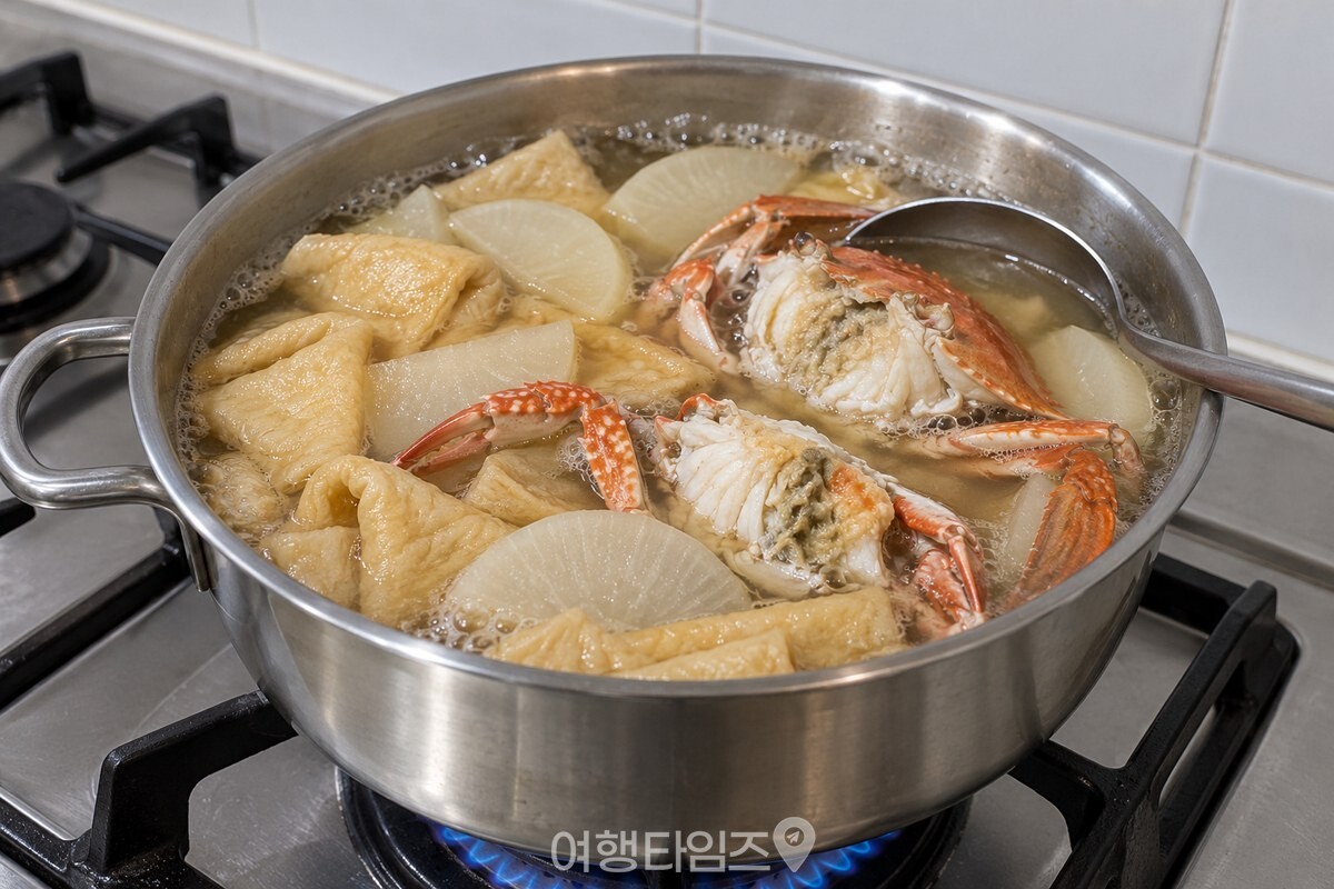 반으로 가른 꽃게를 넣은 맑은 어묵탕 국물 / 기사 이해를 돕기 위한 생성형 이미지