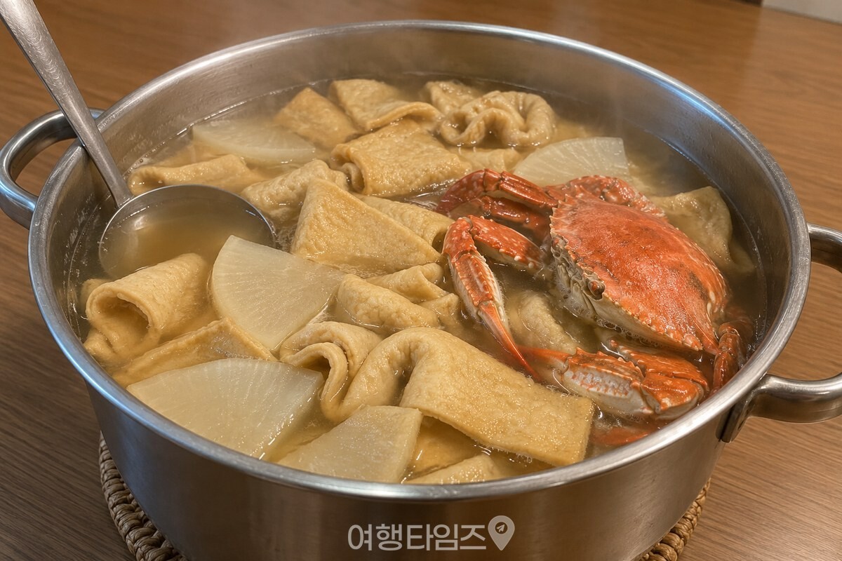 꽃게와 어묵, 무가 담긴 완성된 어묵탕 냄비 / 기사 이해를 돕기 위한 생성형 이미지