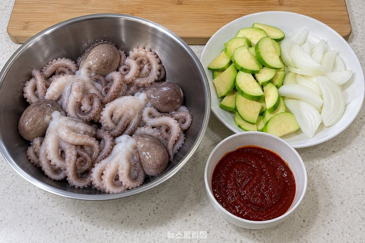 손질한 낙지와 애호박, 양파를 나누어 둔 모습 / 기사 이해를 돕기 위한 생성형 이미지