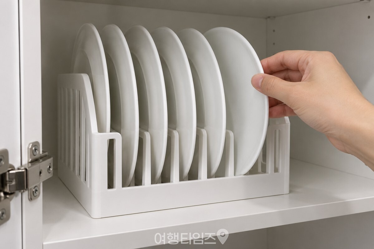 파일 정리함에 세워 둔 접시를 한 손으로 꺼내는 모습 / 기사 이해를 돕기 위한 생성형 이미지