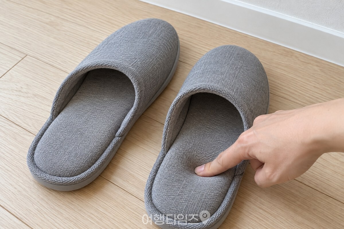 안쪽 쿠션을 눌러 보는 천 실내 슬리퍼 / 기사 이해를 돕기 위한 생성형 이미지