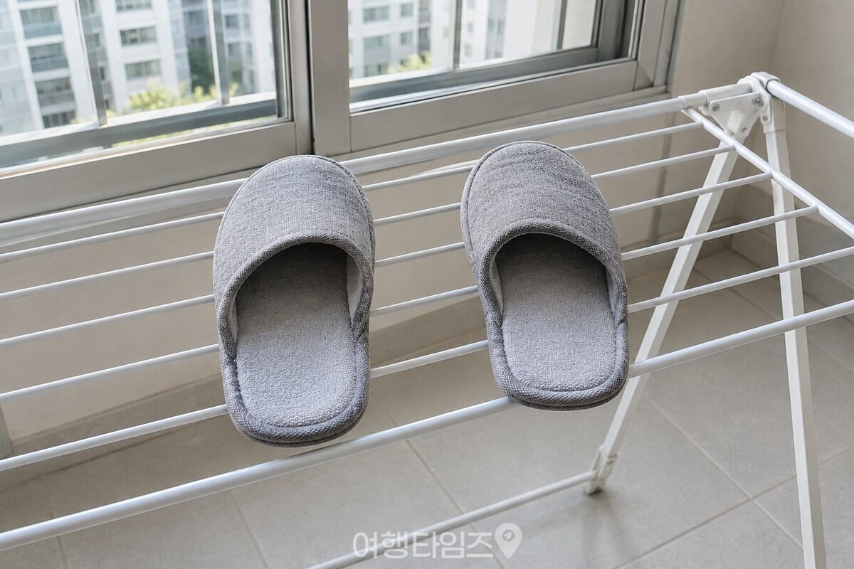 베란다 건조대 위에서 말리는 천 실내 슬리퍼 / 기사 이해를 돕기 위한 생성형 이미지