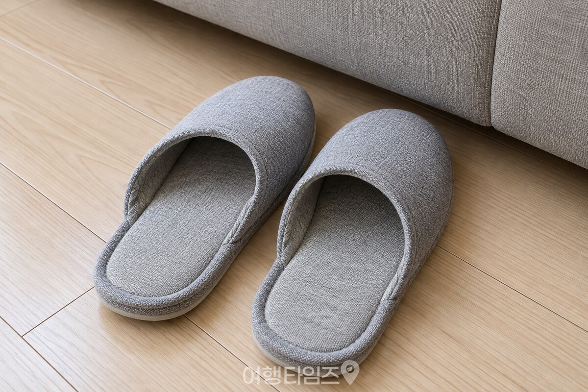 거실 바닥 위에 나란히 놓인 회색 천 실내 슬리퍼 / 기사 이해를 돕기 위한 생성형 이미지