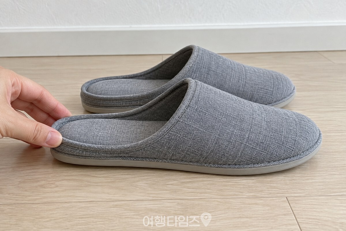 옆에서 높이와 모양을 살피는 천 실내 슬리퍼 / 기사 이해를 돕기 위한 생성형 이미지