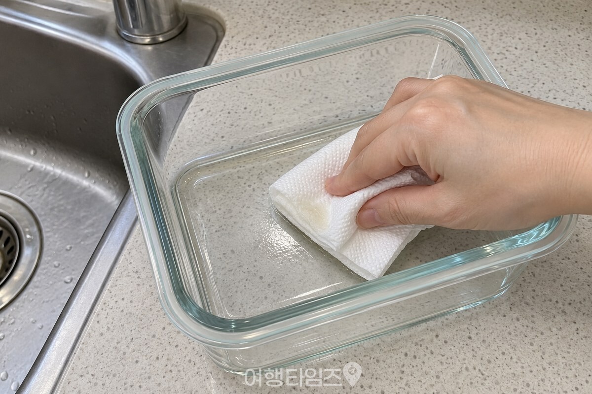 키친타월에 식용유를 묻혀 용기 바닥을 닦는 모습 / 기사 이해를 돕기 위한 생성형 이미지
