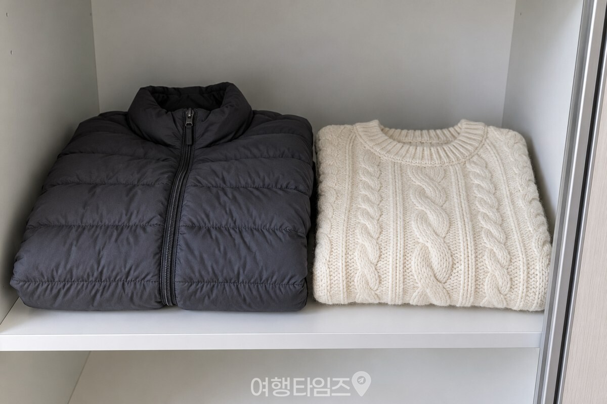 옷장 선반에 접어 눕혀 둔 패딩과 니트 / 기사 이해를 돕기 위한 생성형 이미지