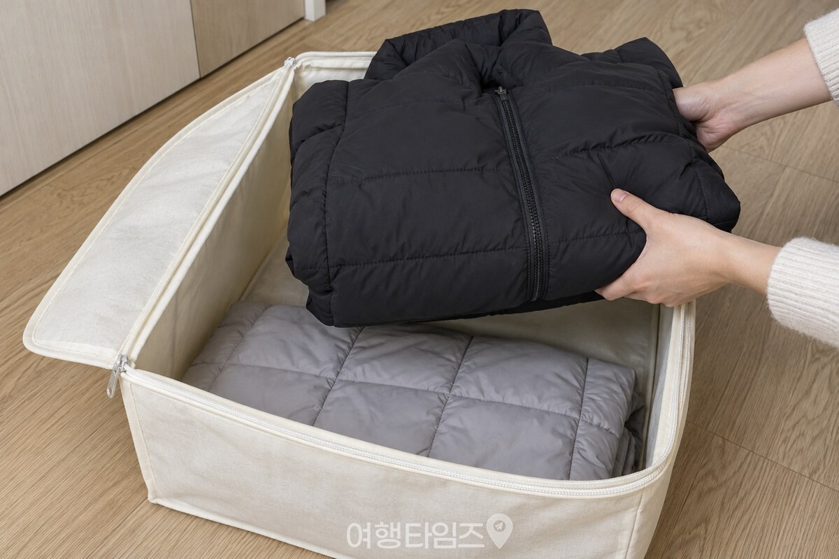 부직포 보관 가방에 접어 넣는 패딩 / 기사 이해를 돕기 위한 생성형 이미지