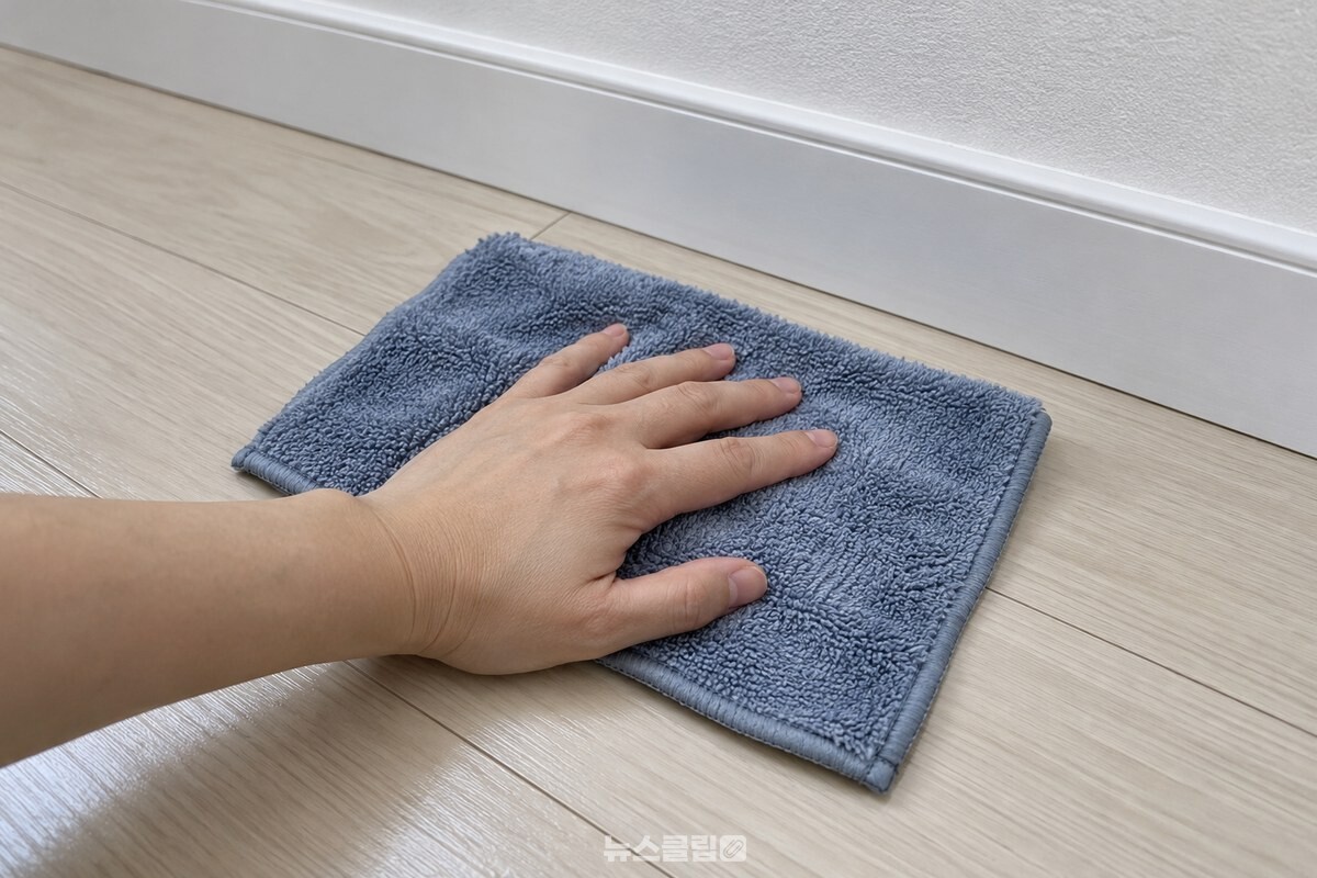 깨끗한 거실 바닥을 닦는 극세사 바닥 걸레 / 기사 이해를 돕기 위한 생성형 이미지