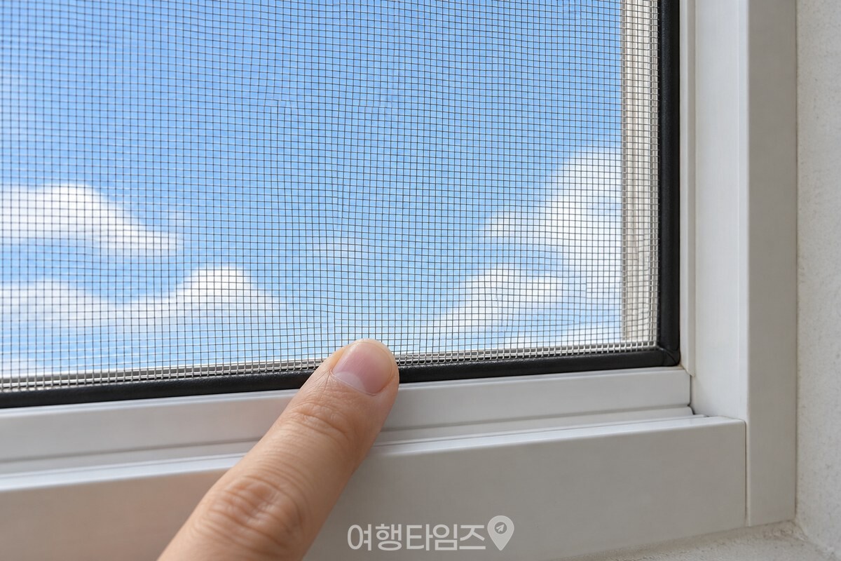 밝은 하늘을 배경으로 방충망 가장자리를 살피는 손가락 / 기사 이해를 돕기 위한 생성형 이미지