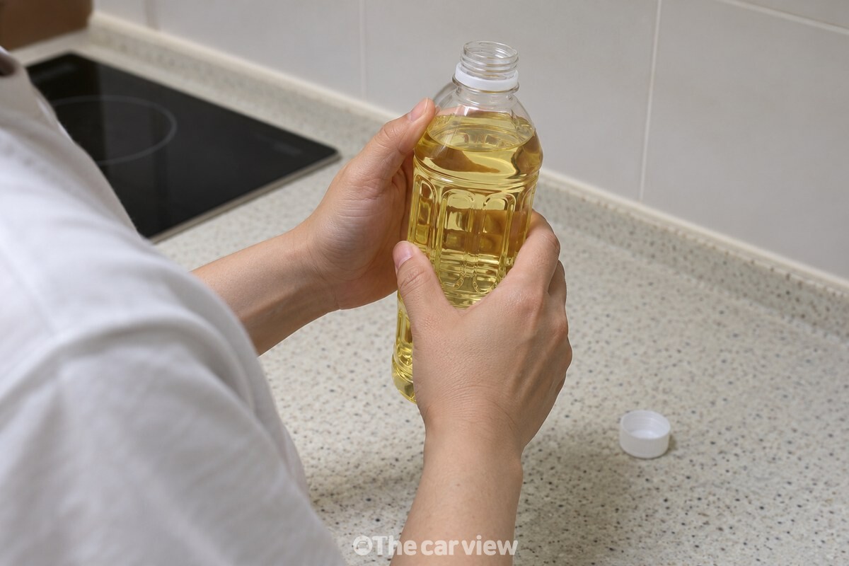 요리 전에 식용유 병 입구의 냄새를 확인하는 모습 / 기사 이해를 돕기 위한 생성형 이미지