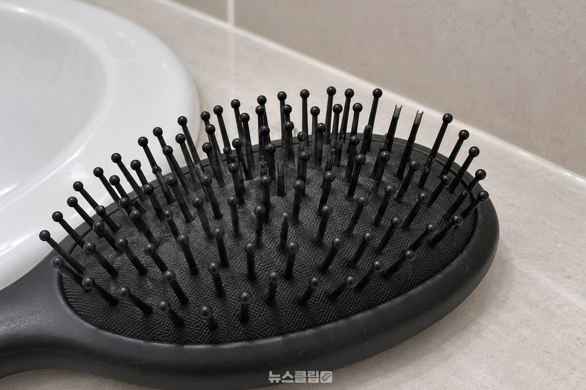 끝 마개가 벗겨진 빗살 두세 개가 보이는 쿠션 브러시 / 기사 이해를 돕기 위한 생성형 이미지