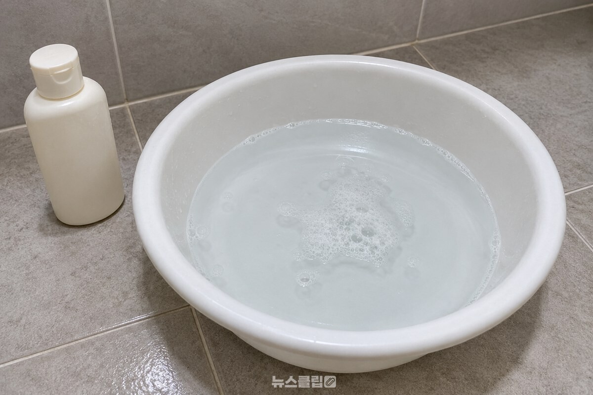 미지근한 물과 소량의 샴푸를 준비한 깨끗한 대야 / 기사 이해를 돕기 위한 생성형 이미지