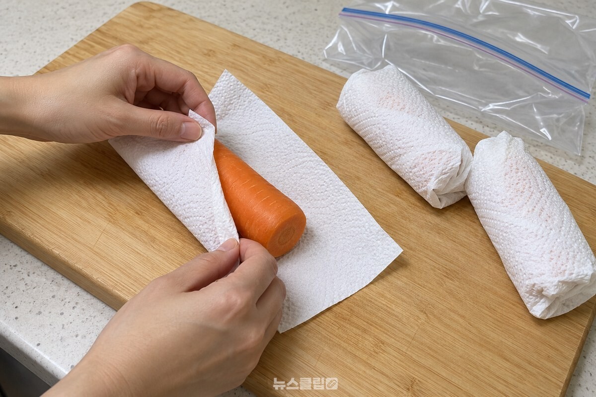 키친타월로 당근 한 개를 따로 감싸는 모습 / 기사 이해를 돕기 위한 생성형 이미지