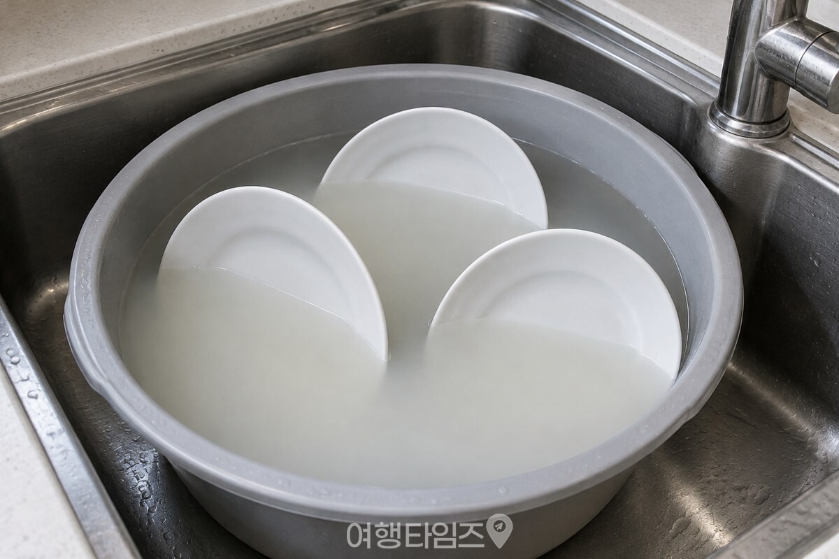 쌀뜨물 속에 간격을 두고 세운 흰 접시 / 기사 이해를 돕기 위한 생성형 이미지