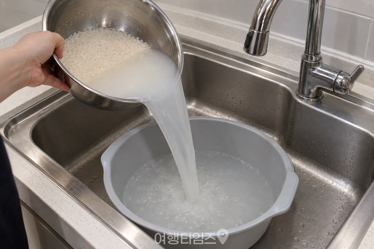 쌀뜨물을 설거지통에 받아 두는 모습 / 기사 이해를 돕기 위한 생성형 이미지