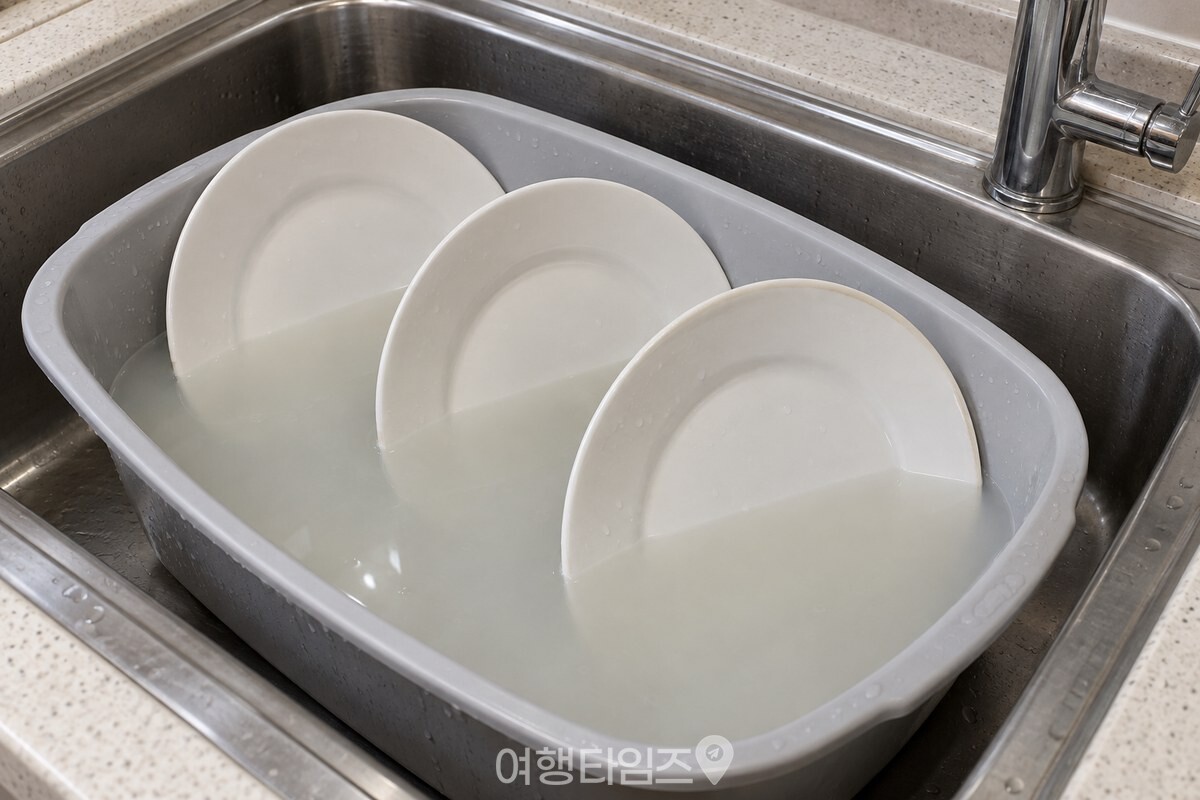 쌀뜨물에 비스듬히 담가 둔 기름진 접시 / 기사 이해를 돕기 위한 생성형 이미지