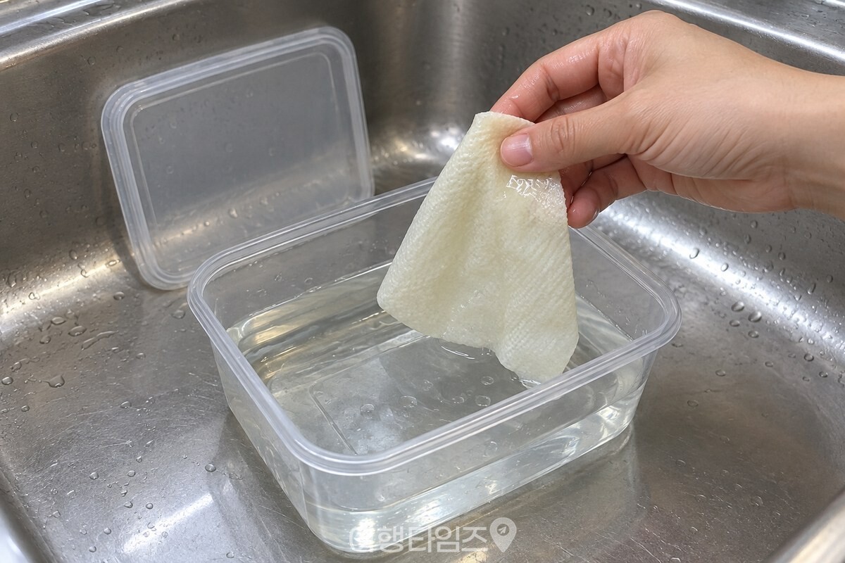 젖은 키친타월을 반찬통에서 꺼내는 모습 / 기사 이해를 돕기 위한 생성형 이미지