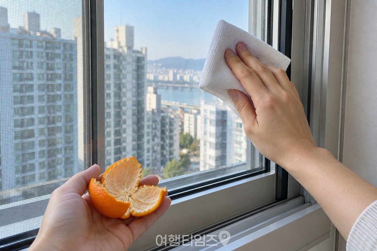 귤껍질로 닦은 창문을 마른 흰 천으로 마무리하는 모습 / 기사 이해를 돕기 위한 생성형 이미지