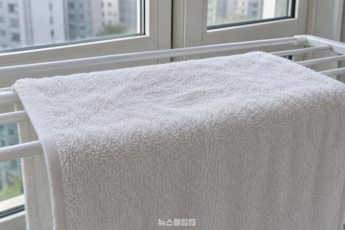 건조대 위에서 바짝 마른 흰 면 수건의 고리 섬유를 가까이 담은 모습 / 기사 이해를 돕기 위한 생성형 이미지
