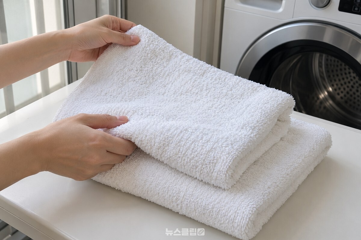 건조기에서 꺼낸 폭신한 흰 면 수건을 접는 모습 / 기사 이해를 돕기 위한 생성형 이미지