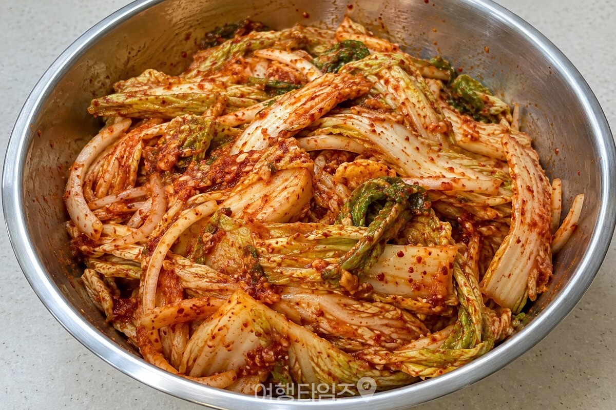 주황빛 양념이 배추 잎에 고루 묻은 겉절이 / 기사 이해를 돕기 위한 생성형 이미지