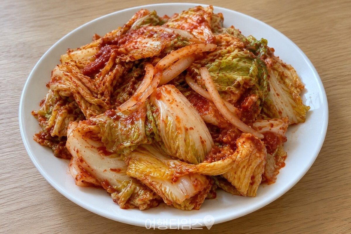 윤기 나는 배추겉절이가 담긴 흰 접시 / 기사 이해를 돕기 위한 생성형 이미지