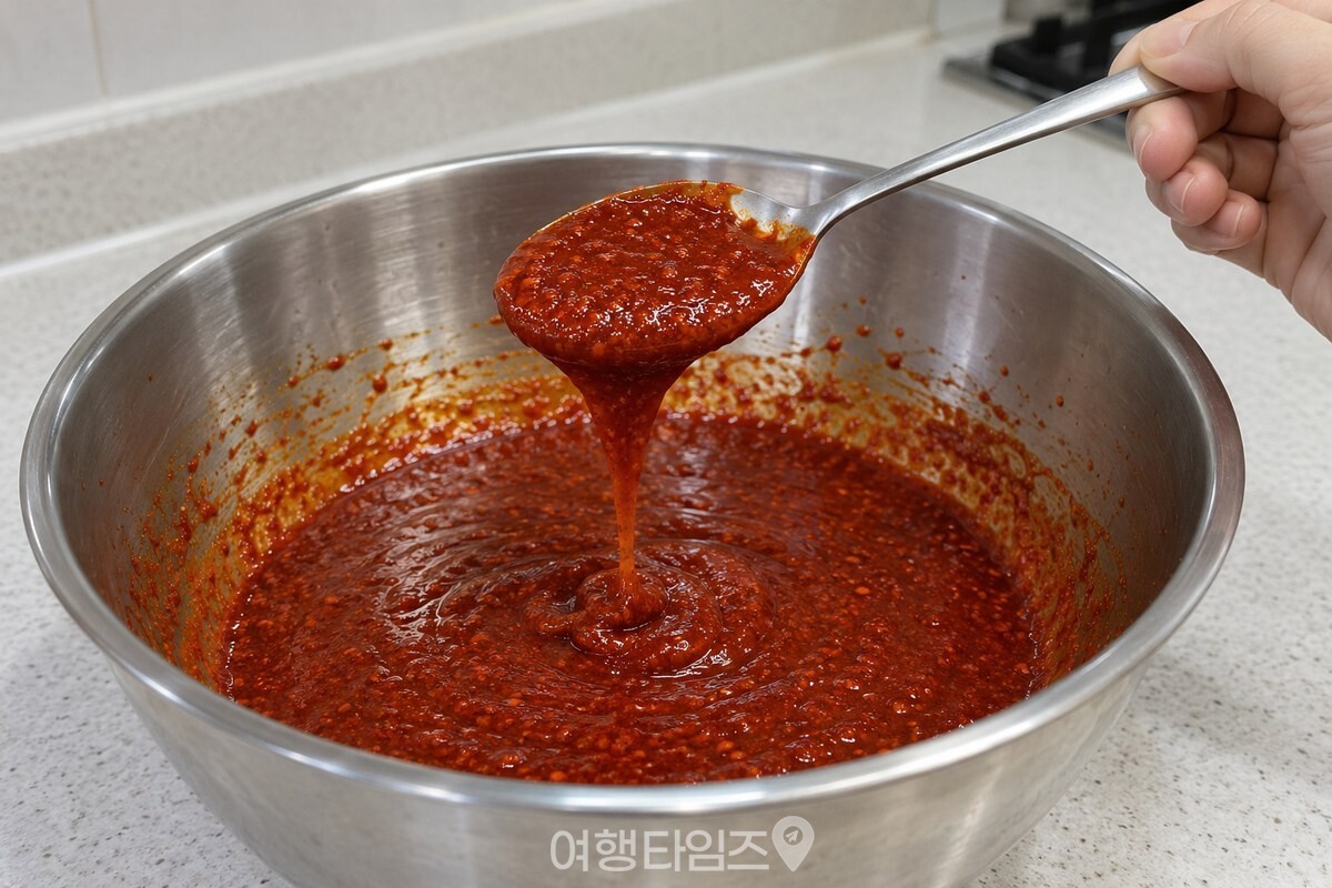 숟가락에서 천천히 흘러내리는 걸쭉한 겉절이 양념 / 기사 이해를 돕기 위한 생성형 이미지