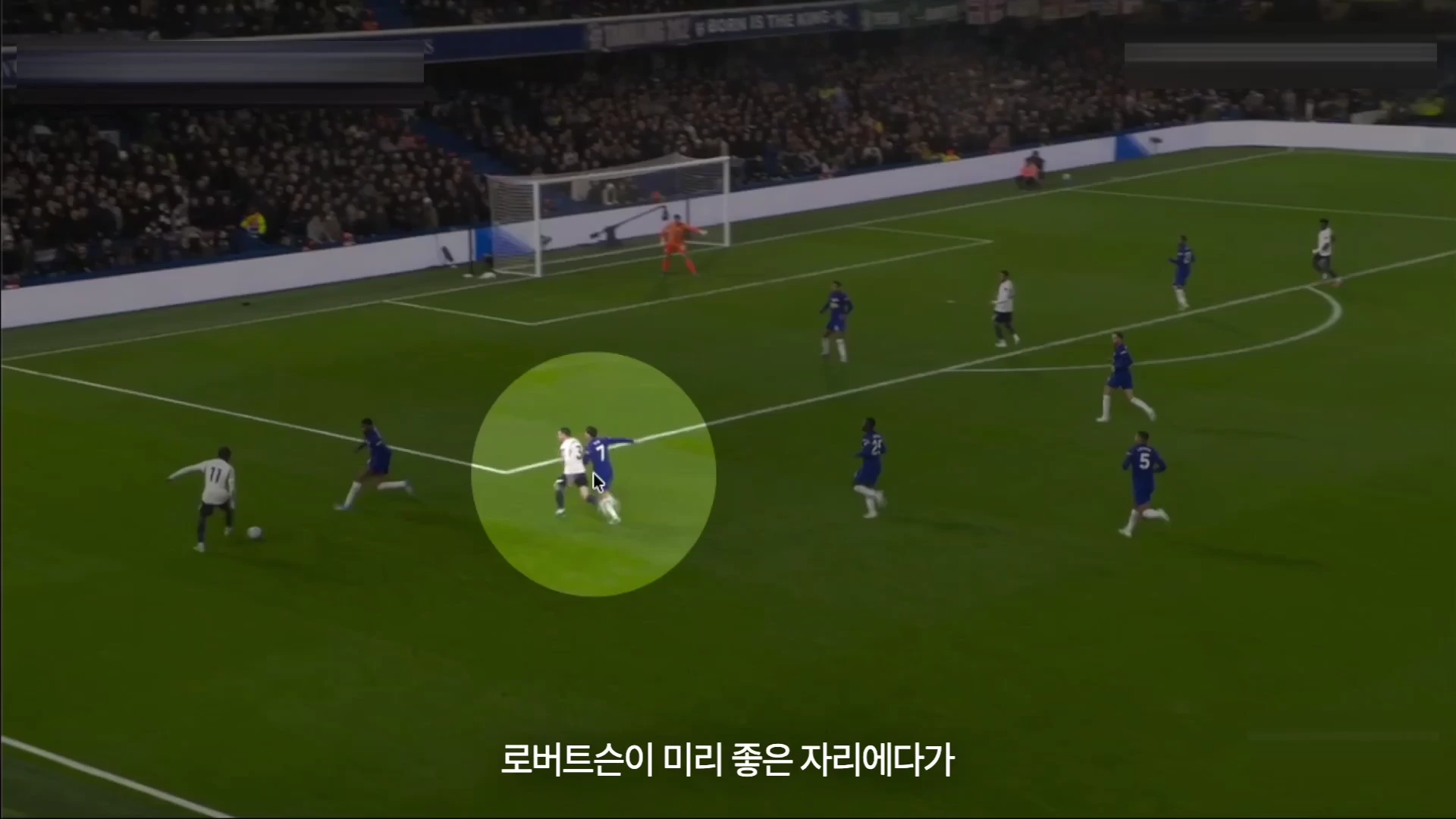 축구 경기장에서 공격수가 수비수와 몸싸움을 하며 전방으로 침투하는 장면이 담긴 텔레비전 중계 화면으로, 두 선수가 강조된 녹색 원형 마크 안에 들어와 있습니다.