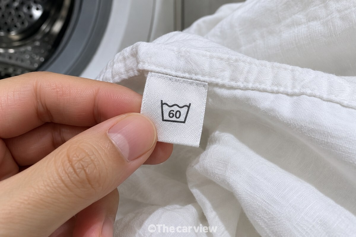 60도 물세탁 표시가 보이는 흰 면 시트의 취급 라벨 / 기사 이해를 돕기 위한 생성형 이미지