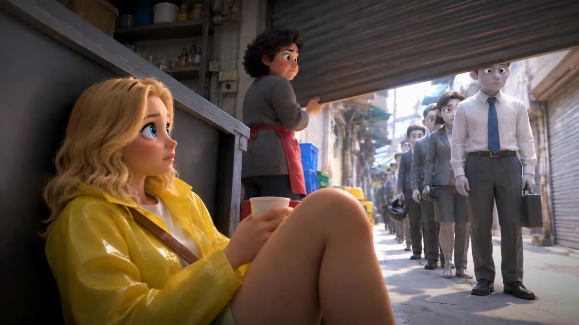3D 애니메이션 스타일로 그려진 노란 우비를 입은 여성이 골목길에 앉아 있고, 뒤편에서는 다른 인물이 셔터를 올리며 많은 사람들이 줄을 서 있는 장면