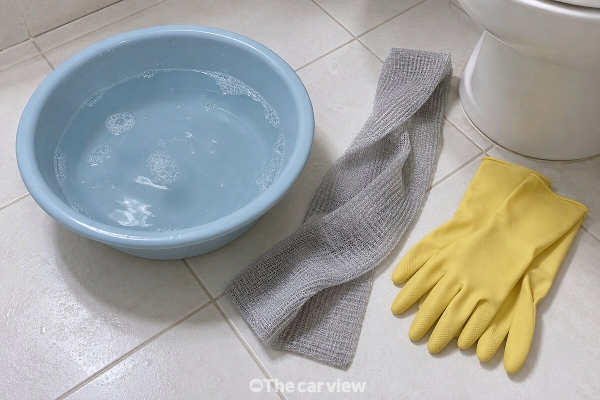 세제 푼 물과 길쭉한 나일론 샤워타월을 준비한 모습 / 기사 이해를 돕기 위한 생성형 이미지