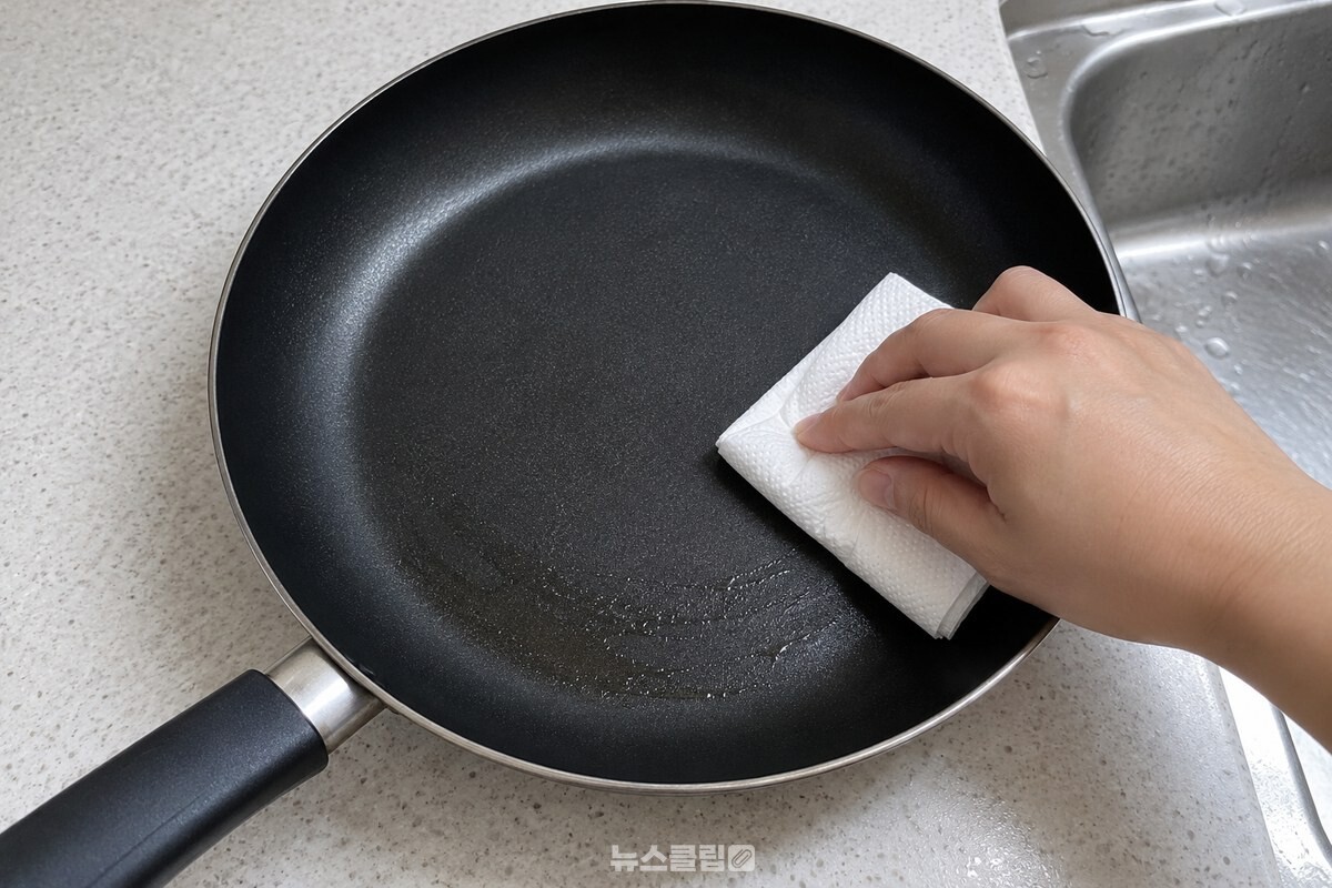 키친타월로 프라이팬 안쪽의 기름을 닦아 내는 모습 / 기사 이해를 돕기 위한 생성형 이미지