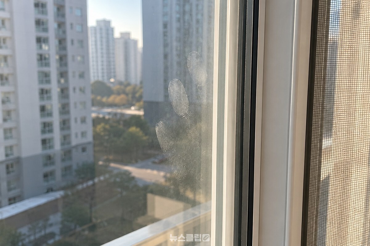 햇빛에 비친 유리창의 옅은 손자국과 먼지 막 / 기사 이해를 돕기 위한 생성형 이미지
