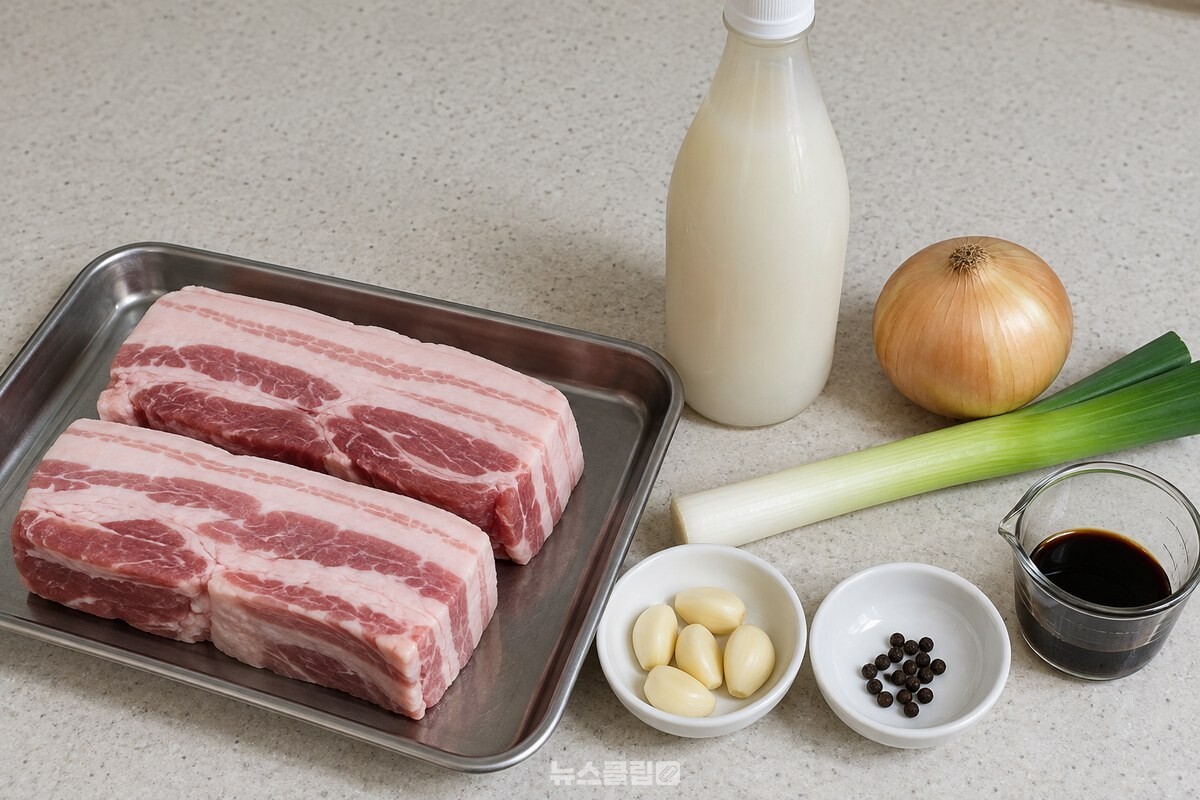 반으로 나눈 통삼겹살과 삶기 재료 / 기사 이해를 돕기 위한 생성형 이미지