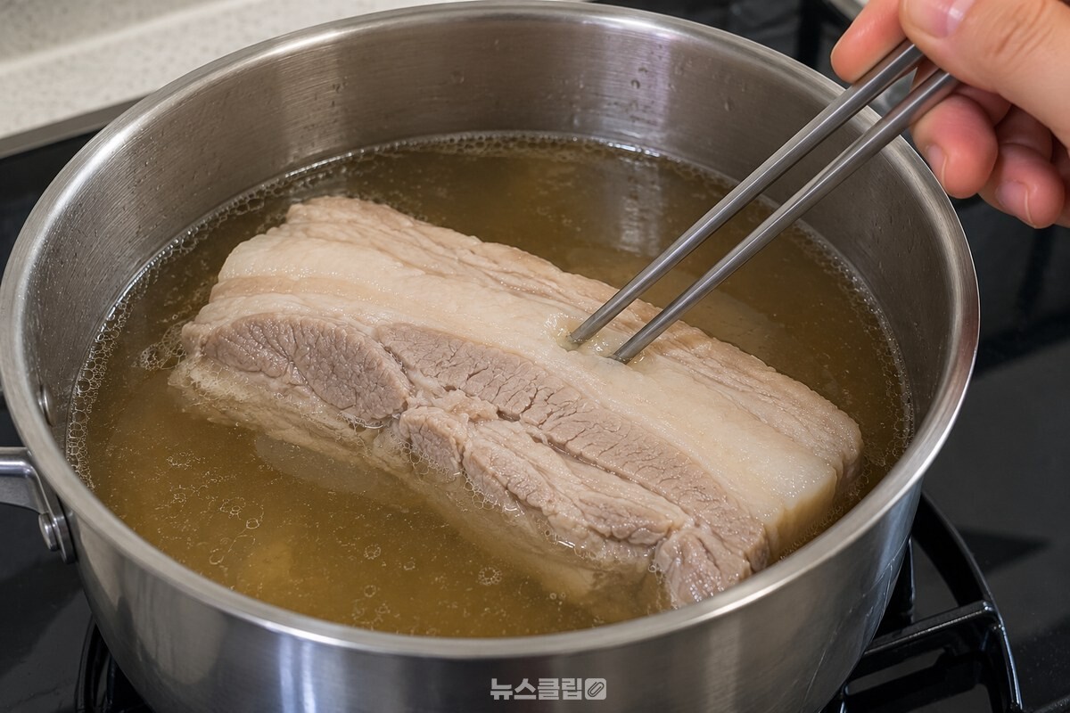 가장 두꺼운 부분을 젓가락으로 확인하는 수육 / 기사 이해를 돕기 위한 생성형 이미지