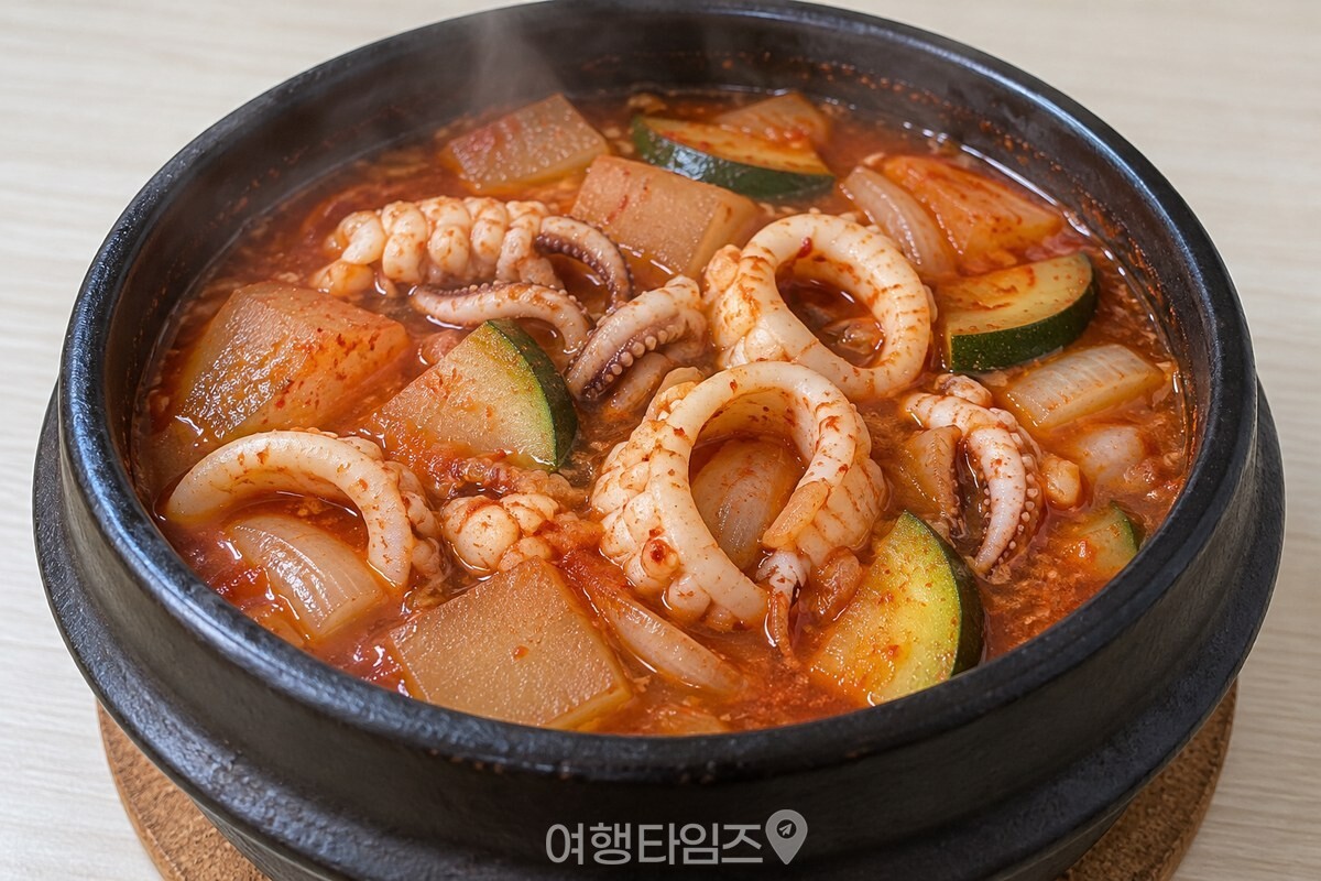 김이 오르는 완성 오징어찌개가 담긴 뚝배기 / 기사 이해를 돕기 위한 생성형 이미지