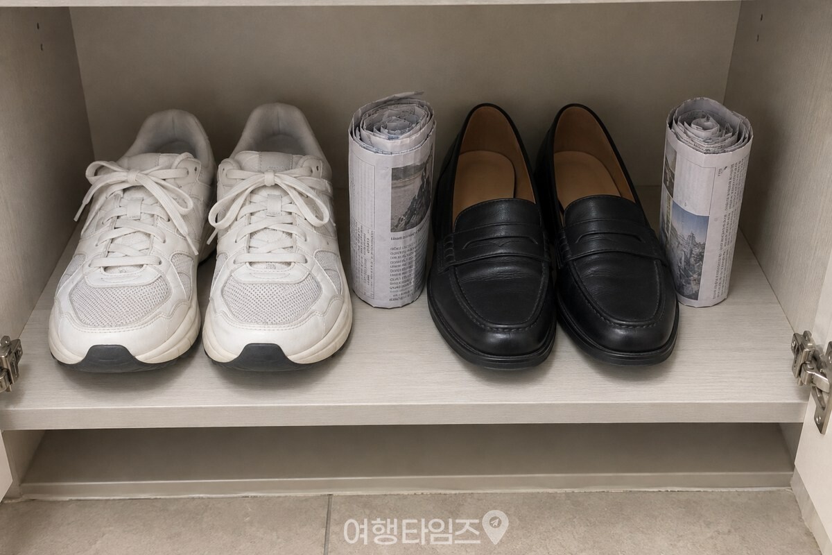신발 사이에 느슨하게 만 신문지를 놓아 둔 신발장 / 기사 이해를 돕기 위한 생성형 이미지