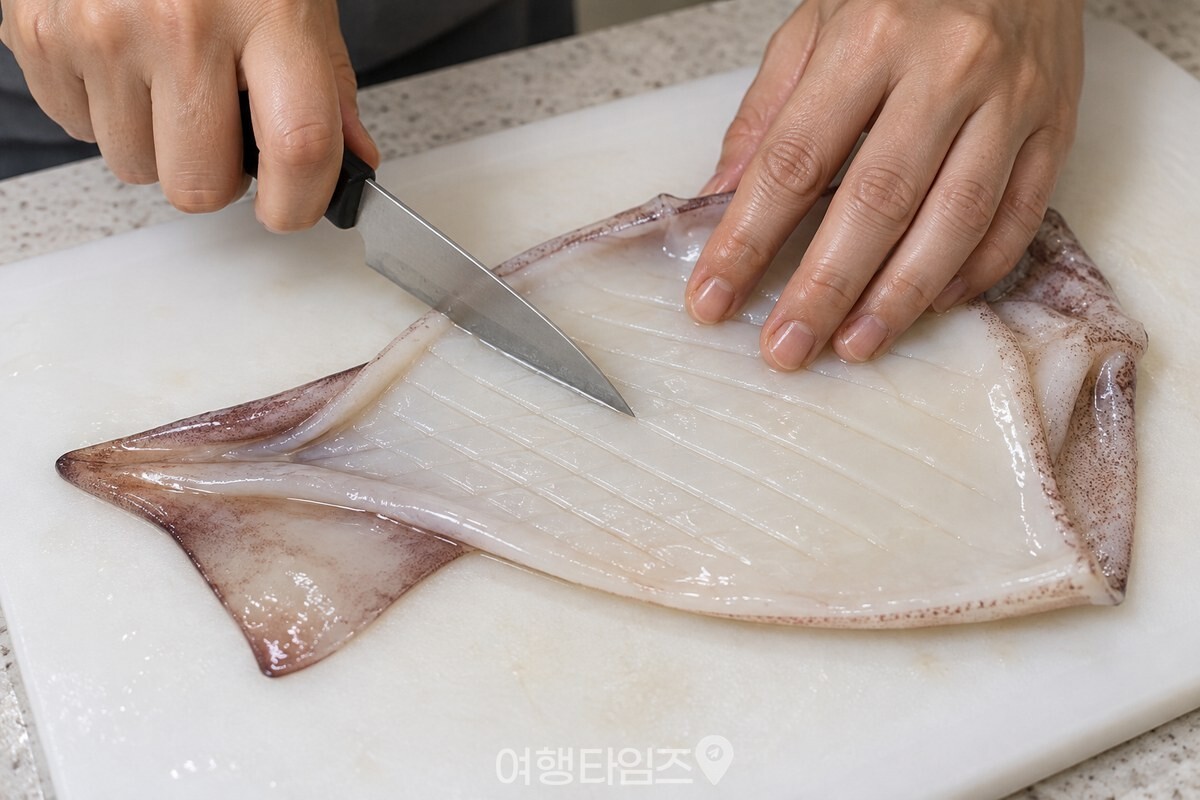 몸통 안쪽에 비스듬한 칼집을 넣는 오징어 손질 / 기사 이해를 돕기 위한 생성형 이미지
