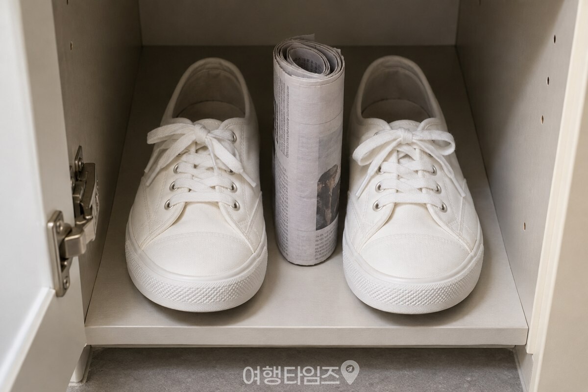 흰 운동화와 간격을 두고 세운 신문지 롤 / 기사 이해를 돕기 위한 생성형 이미지