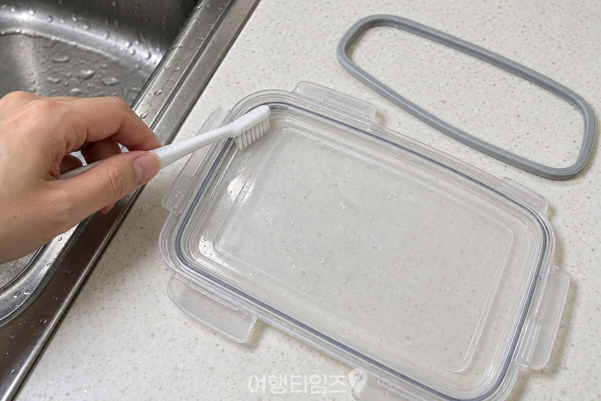 분리한 패킹과 뚜껑 홈을 칫솔로 닦는 모습 / 기사 이해를 돕기 위한 생성형 이미지