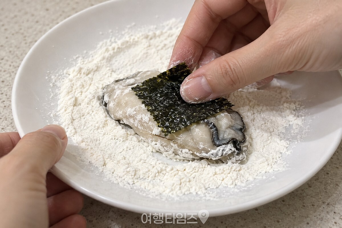 밀가루를 얇게 묻힌 굴에 자른 김을 눌러 붙이는 손 / 기사 이해를 돕기 위한 생성형 이미지