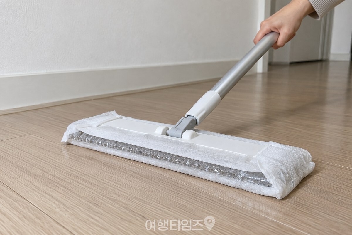 뽁뽁이를 한 겹 받친 밀대로 거실 바닥을 가볍게 미는 모습 / 기사 이해를 돕기 위한 생성형 이미지