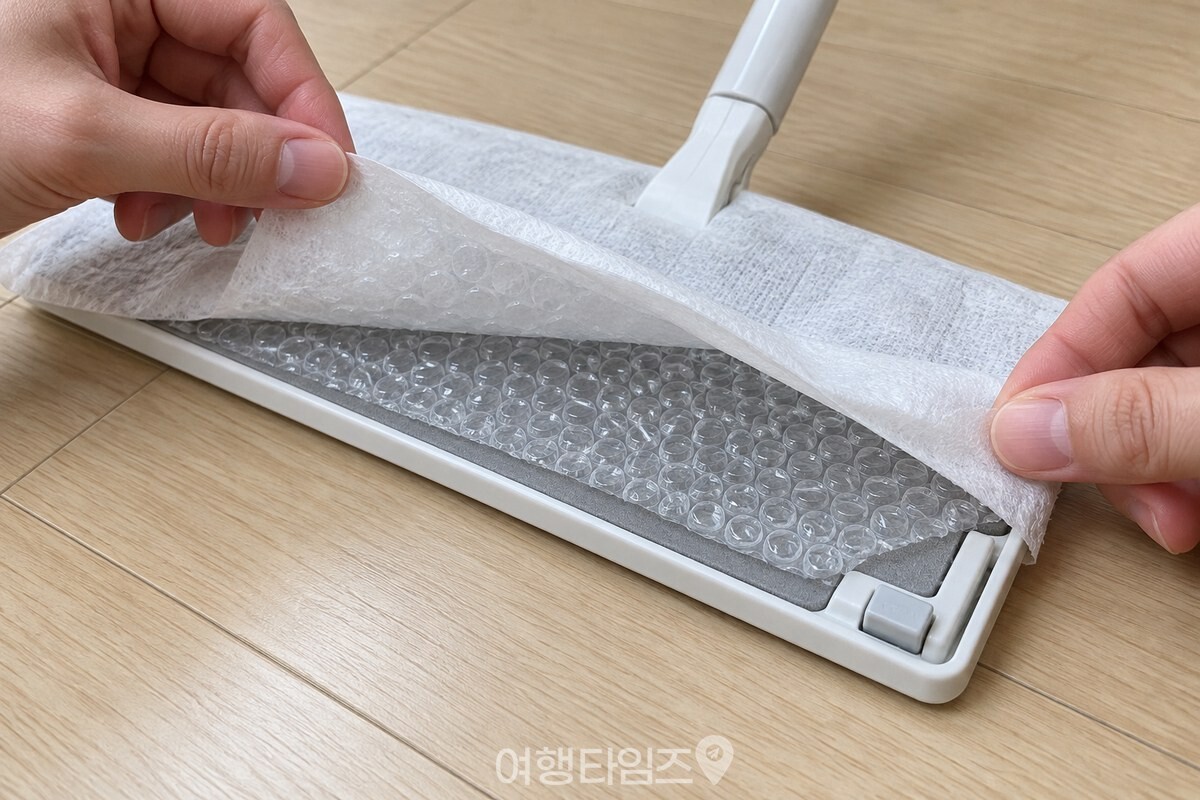 밀대 바닥판 아래 청소포와 뽁뽁이 한 겹의 단면 / 기사 이해를 돕기 위한 생성형 이미지