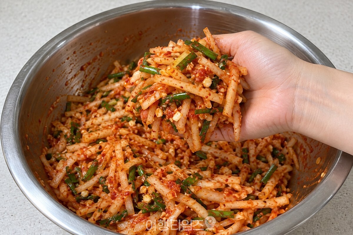 손으로 한 줌 쥔 촉촉한 김칫소 / 기사 이해를 돕기 위한 생성형 이미지