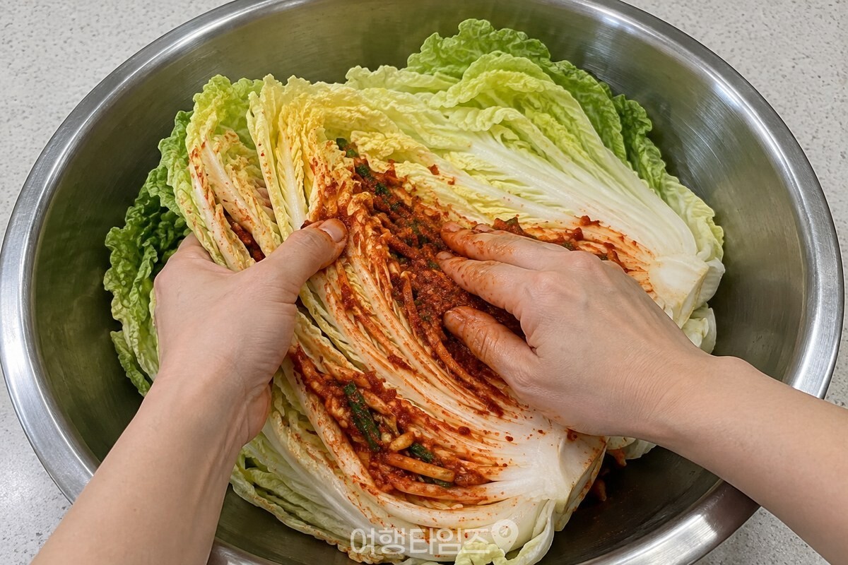 절임배추 잎 사이에 김칫소를 바르는 손 / 기사 이해를 돕기 위한 생성형 이미지