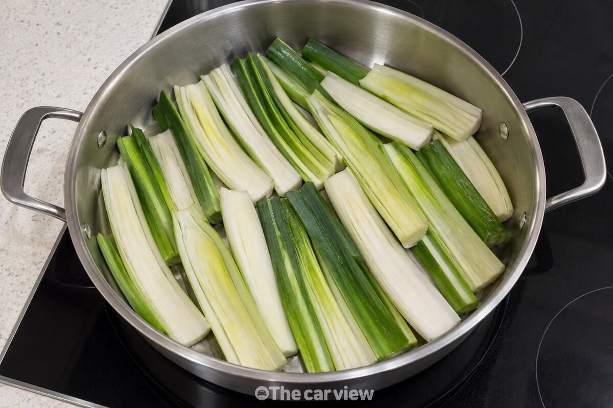 냄비 바닥에 넓게 펼쳐 깐 반 갈래 대파 / 기사 이해를 돕기 위한 생성형 이미지