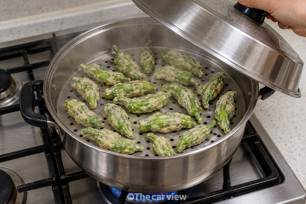 김 오른 찜기 위에 겹치지 않게 펼친 꽈리고추 / 기사 이해를 돕기 위한 생성형 이미지
