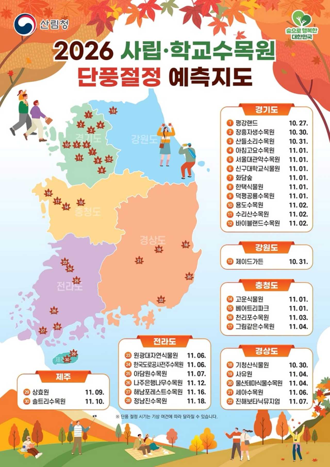 2026 전국 수목원 단풍 시기 예측 지도 / 사진=산림청