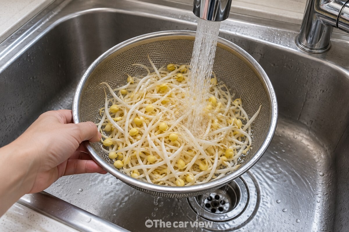 체에 담아 찬물로 헹구는 콩나물 / 기사 이해를 돕기 위한 생성형 이미지
